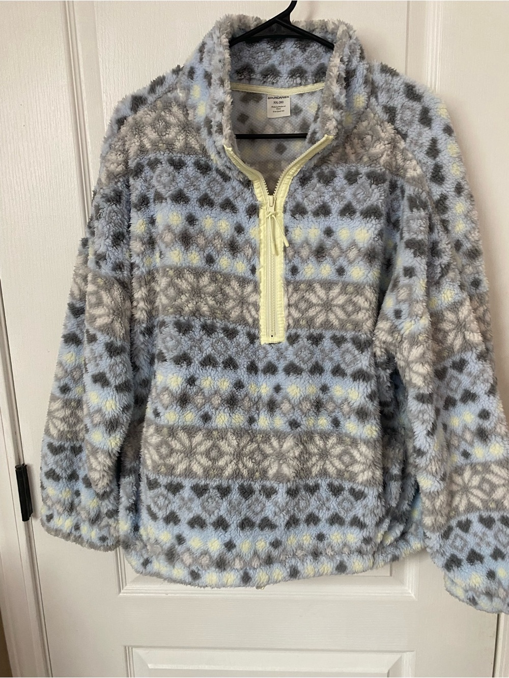 No Boundaries Plush Half-Zip Cowl Sweater in Light Blue, Gray & Cream
